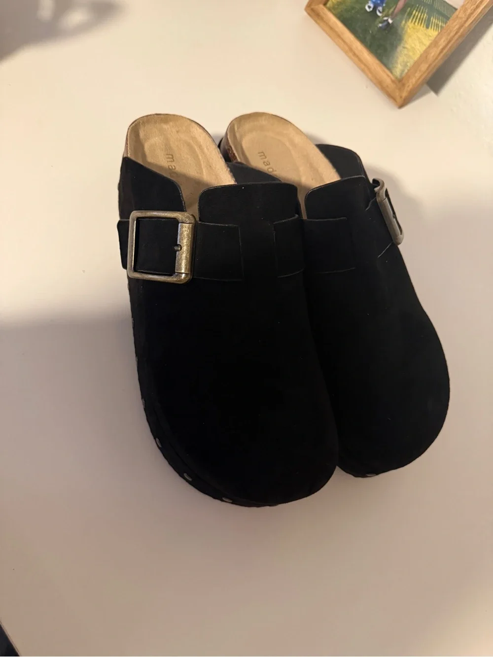 Madden Girl Black Suede Wedge Clogs with Buckle